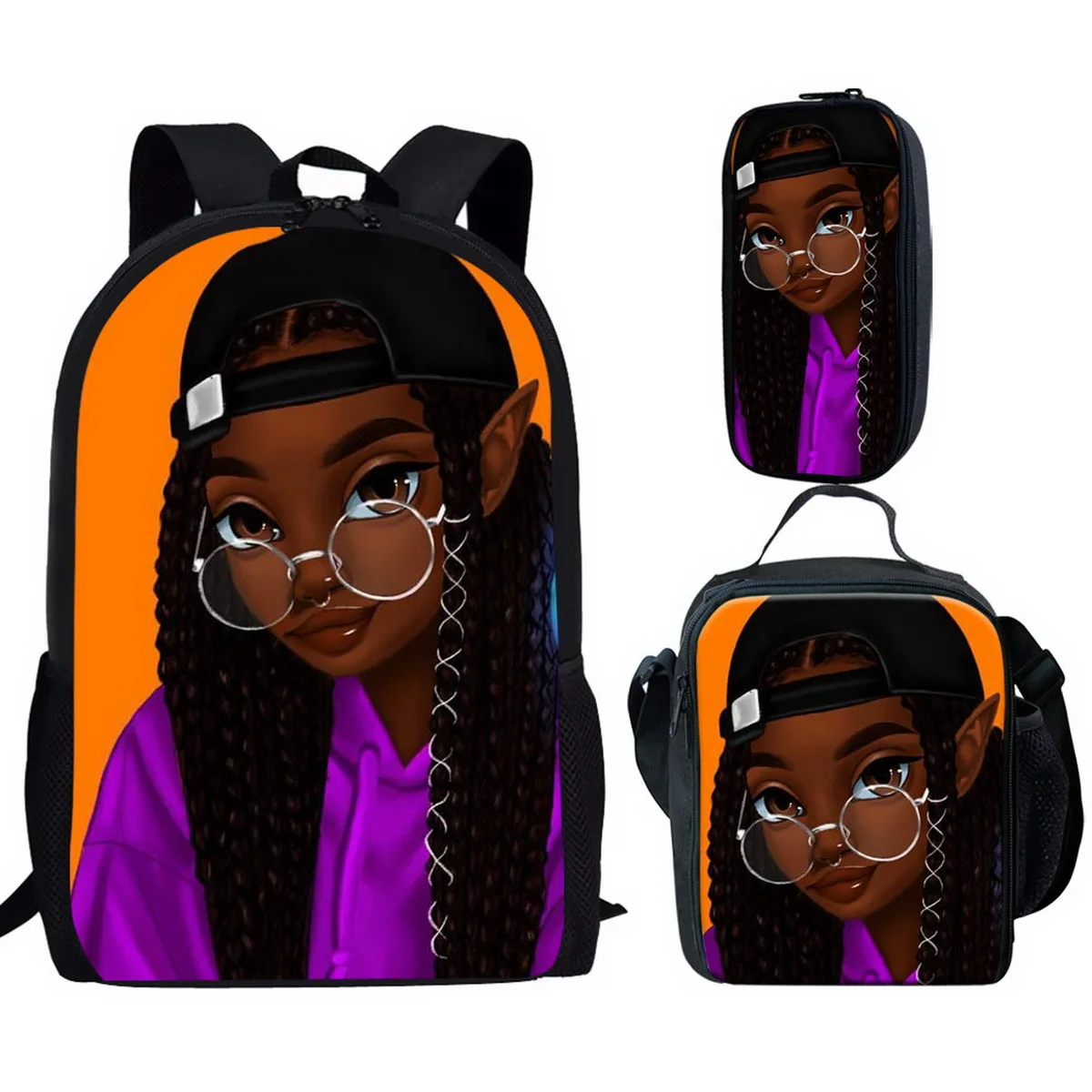 Popular Youthful  African girl 3D Print 3pcs/Set Student Travel bags Laptop Daypack Backpack Lunch Bag Pencil Case