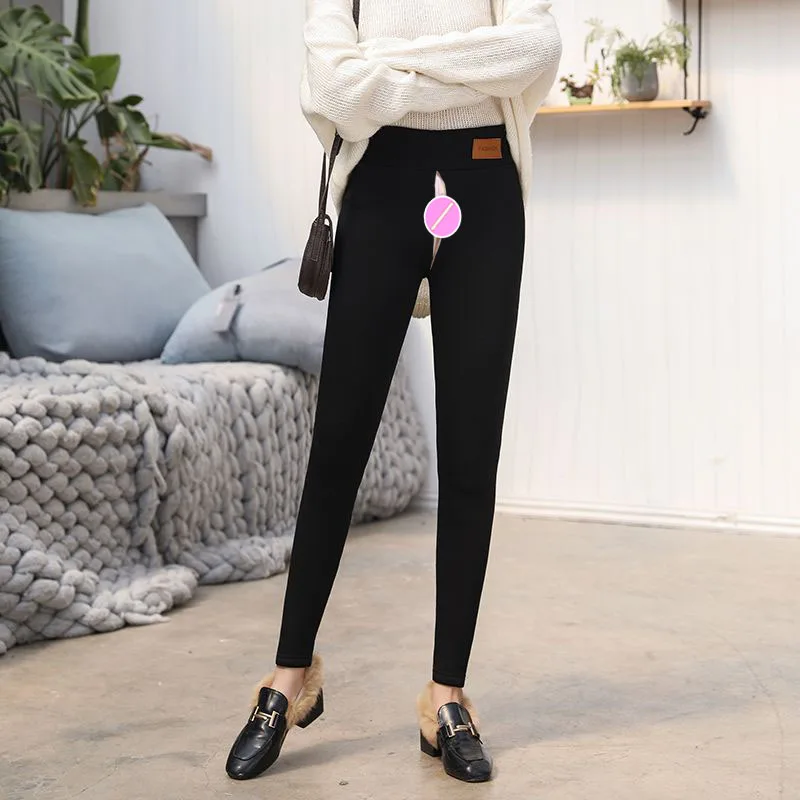 Invisible Open Crotch Outdoor Sex Pants Lambswool Sexy Yoga Push Up Leggings Winter Warm Trousers Club Plus Size Women Clothing