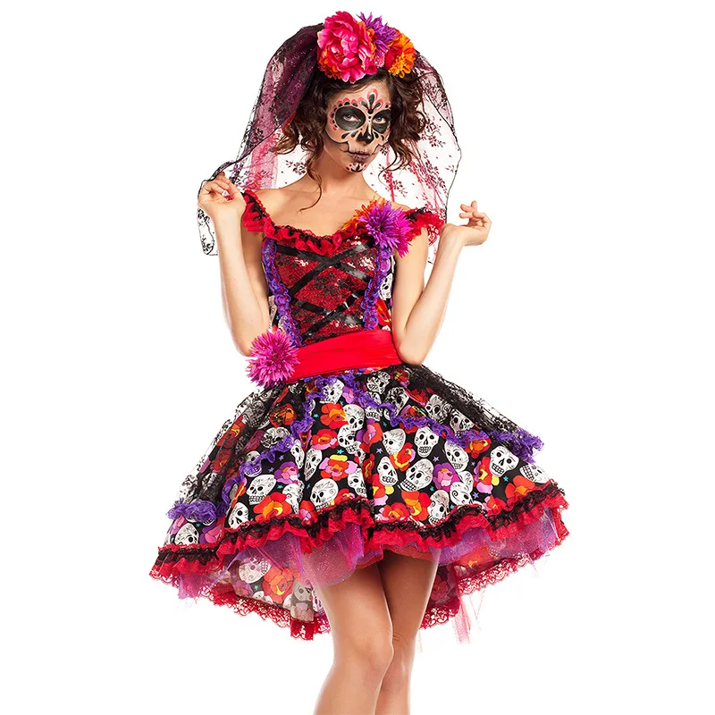 Women Halloween Sexy Creative Skull Ghost Corpse Bride Costume Skeleton Day of The Dead Costume Cosplay Flower Fairy Fancy Dress