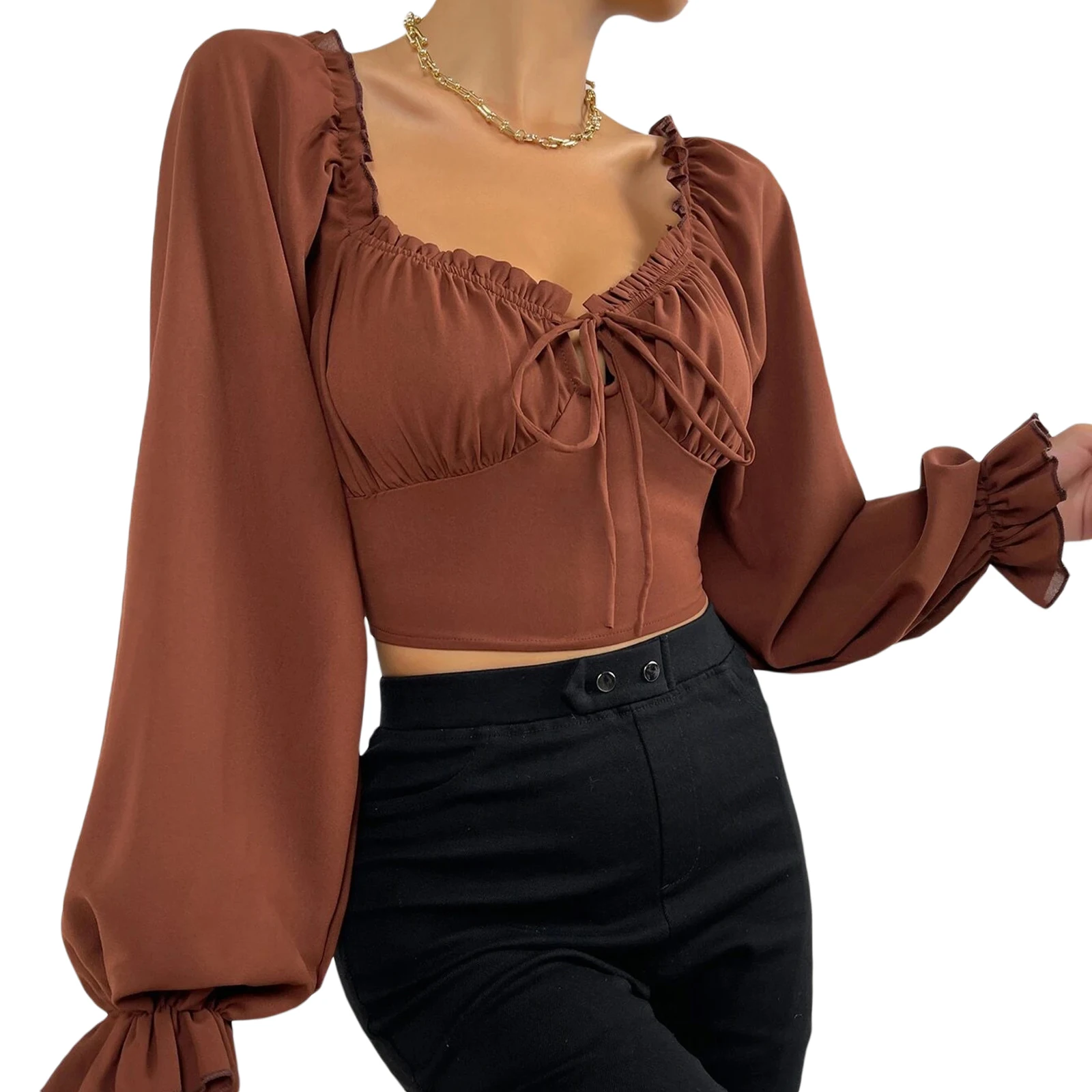

Women ElegantLong Sleeve Blouse Shirt Ladies Fashion Ruffled Drawstring Casual Crop Tops for Spring Summer
