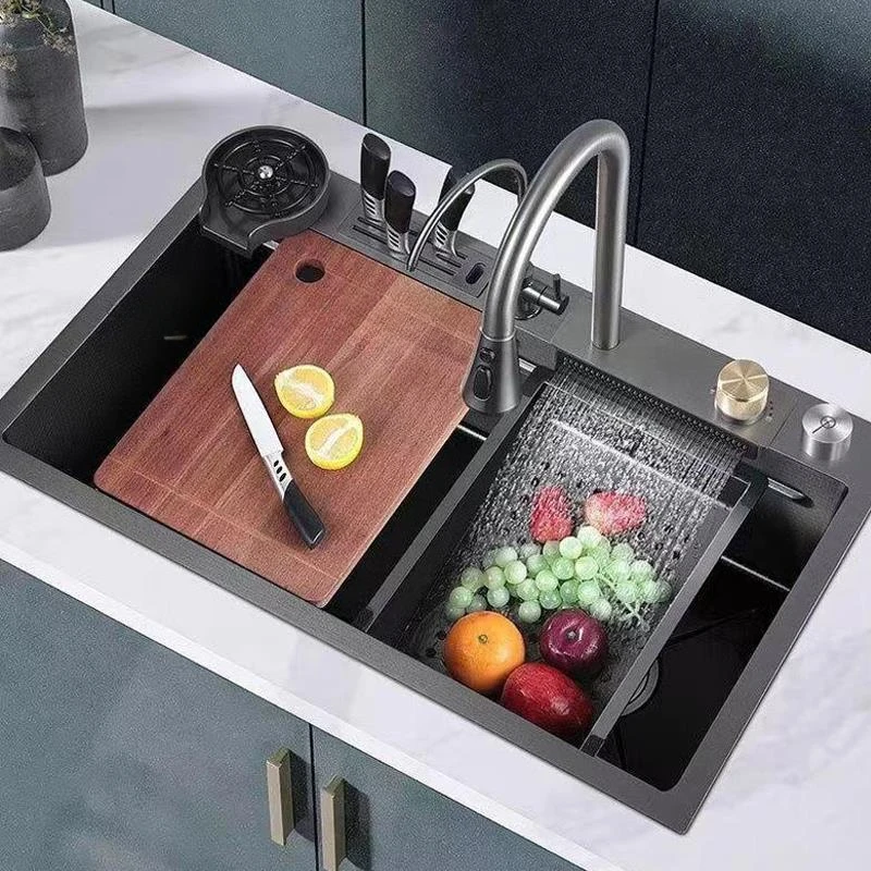 

Waterfall Kitchen Sink Topmount Single Bowl Wash Basin Stainless Steel Workstation with Drain Accessories Knife Holder Faucet
