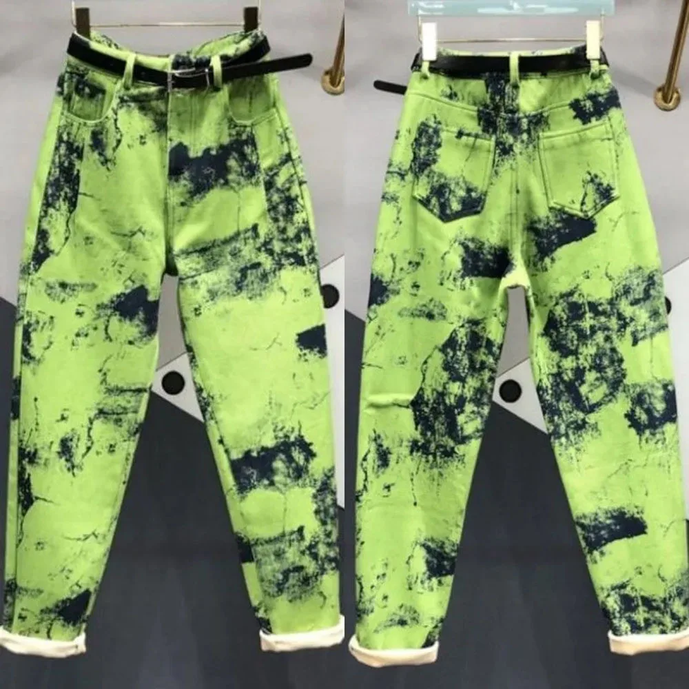 

2024 Spring Autumn Fashion Green Tie Dye Denim Women's Pants High Waist Loose Haren Jeans Women Pantalones De Mujer Baggy Jeans