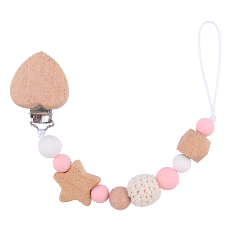 Pacifier Clip Baby Carve Name Five Pointed Star Silicone Wooden Ring Pacifier Clip Crown Teething Chain Teether Clips Children Gift