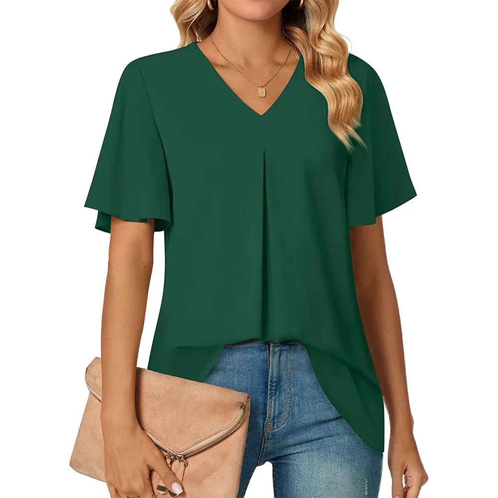 Dámské letní elegantní šifonové halenky s výstřihem do V, krátkým rukávem, tunikou, topem, legínami, ležérním tričkem 621_voghion.com