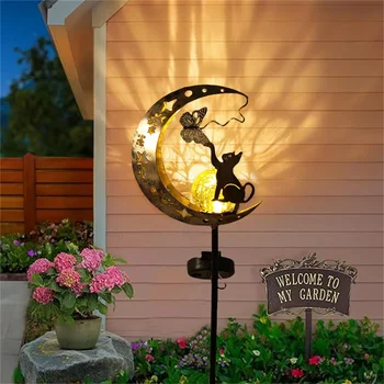 1PC Cat Moon Solar Lamp Outdoor, Iron Solar-Powered Garden Light with Auto On/Off, Waterproof for Yard/Patio Decor 1