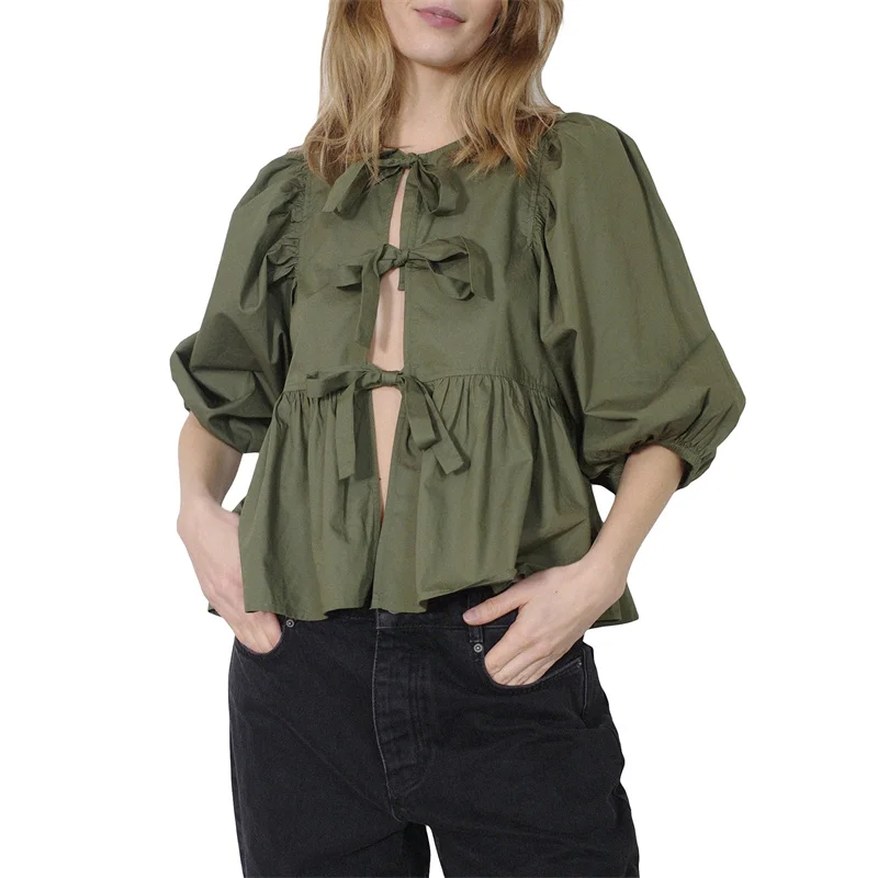 Camisas Y2K para mujer, ropa estética, elegante, color sólido/rayas, manga 3/4, cárdigan con lazo, blusa de los años 2000, ropa de calle