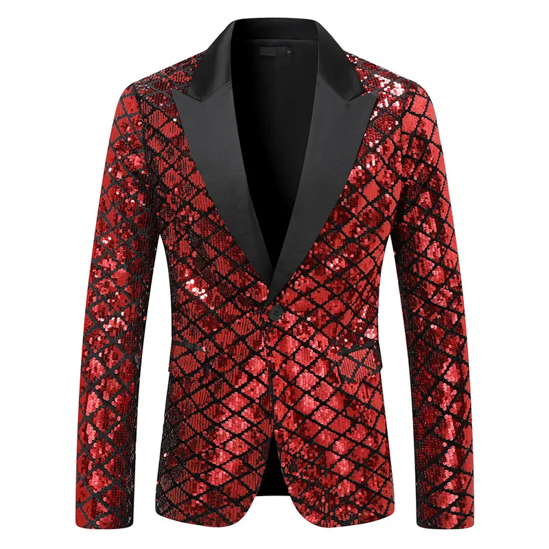 Mens Blazer Fashion Men Luxurious Sequin Plaid Suit Jacket Gold / Silver Singer Host Stage Party Loose Dress Blazer Coats
