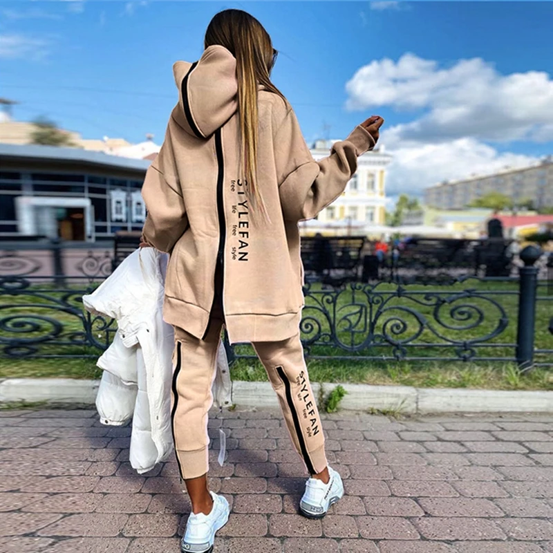 Letter Tracksuit Women Two Piece Set Autumn Winter Loose Hood Sweatshirt  Pullover Pants Suit Streetwear Casual Female Sportswear - Pant Sets -  AliExpress