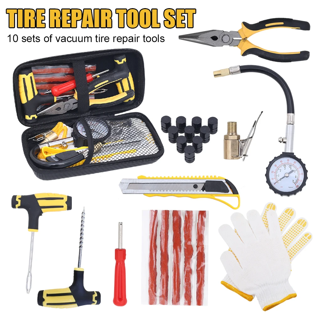

Car Tire Repair Tool Kit Studding Set Auto Bike Puncture Plug Garage Needle Nose Pliers Vacuum Film Nail Screws W Storage Case