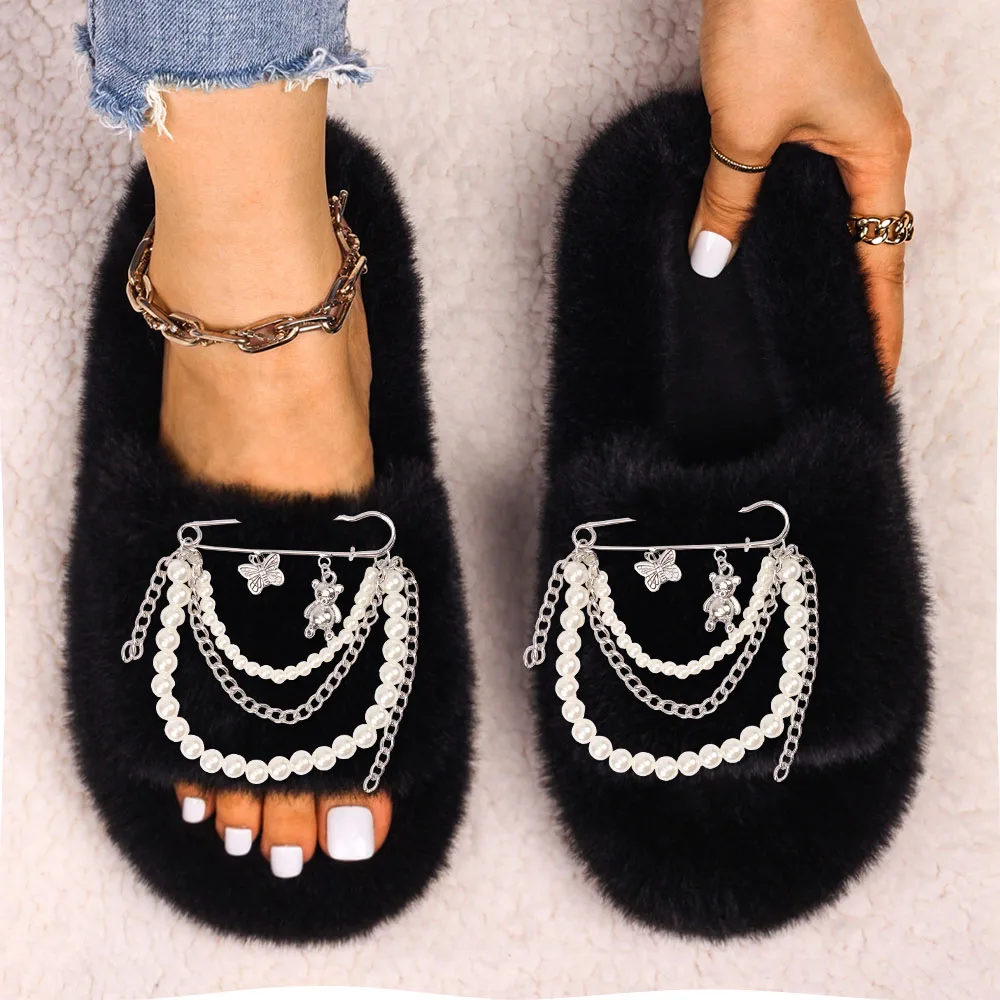Women's Slippers Shoes Faux Fur Slides Pearl Chain Decor Flat Sandals Designer Flip Flops Female Winter Plush Slippers 2022 New