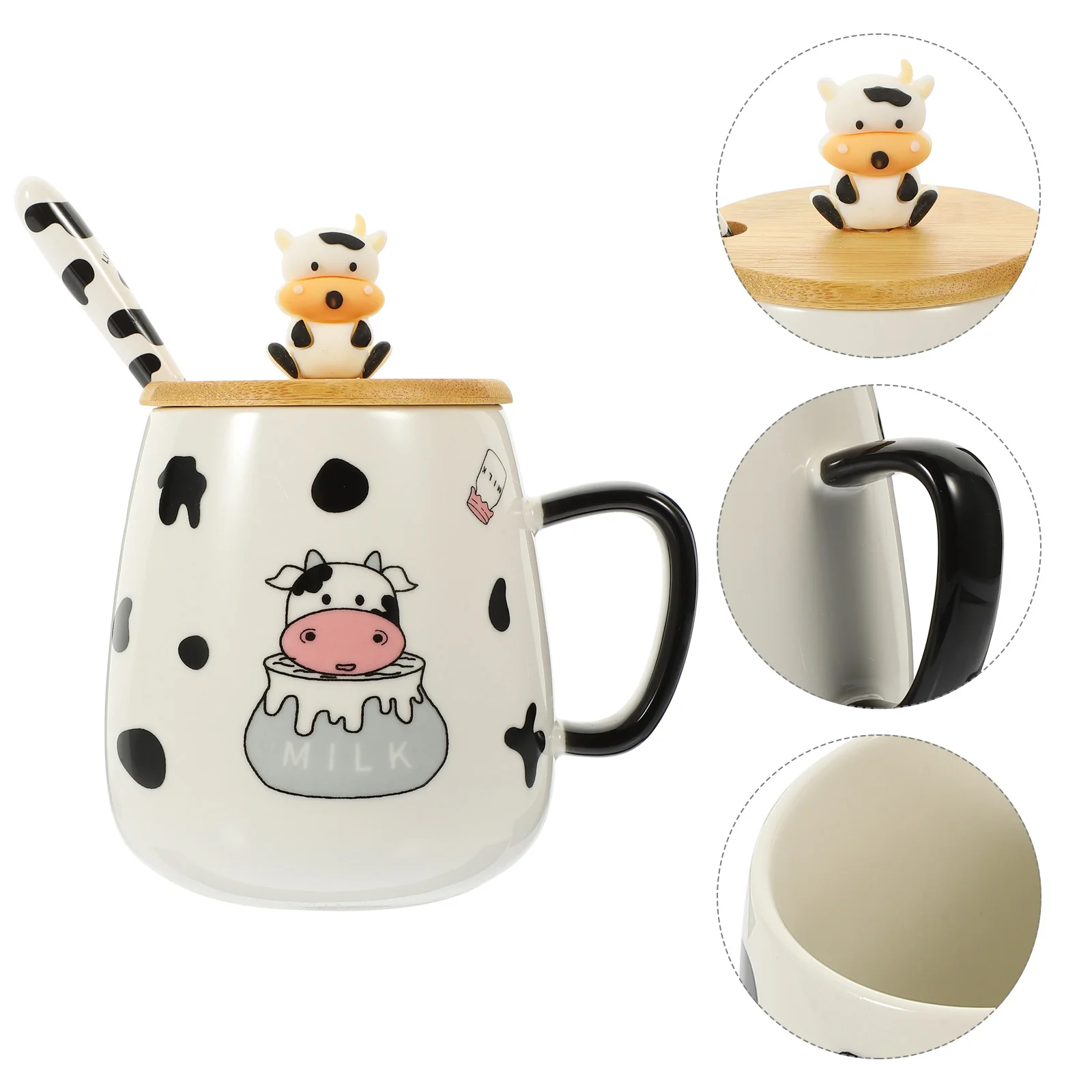 

1 Set of Cartoon Coffee Cup Lovely Cow Milk Cup Animal Water Mug Office Wooden Lid Coffee Mug