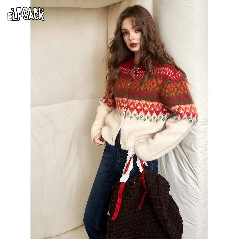 

ELFSACK Fair Isle Style Cardigan Woman 2023 Winter New Kawaii Long Sleeve Dressy Outwears