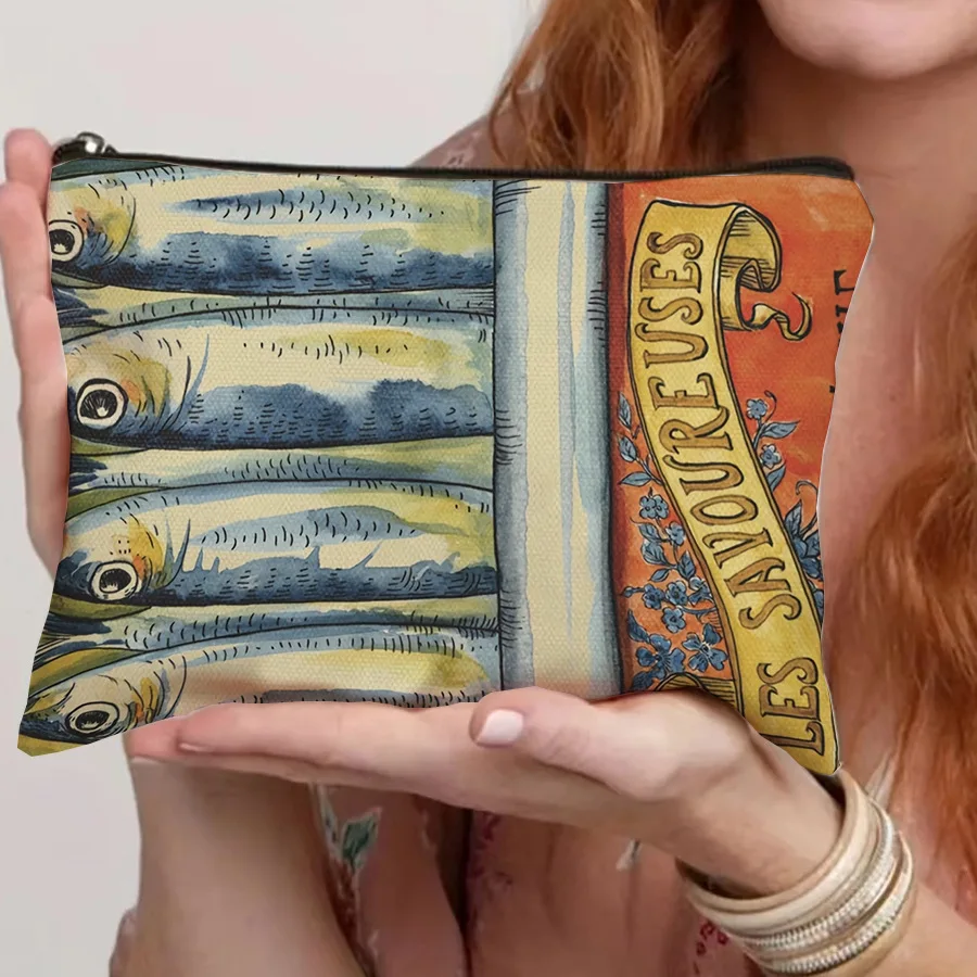 1pc Vintage Sardine Pattern Cosmetic Bag Travel Makeup Organizer for Toiletries & Brushes, Portable Unisex Design for Travel