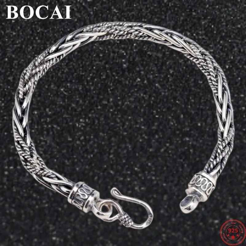

BOCAI S925 Sterling Silver Bracelets for Men 2023 New Men's Fashion Stripe Pattern Weaven Twist-chain Pure Argentum Jewelry