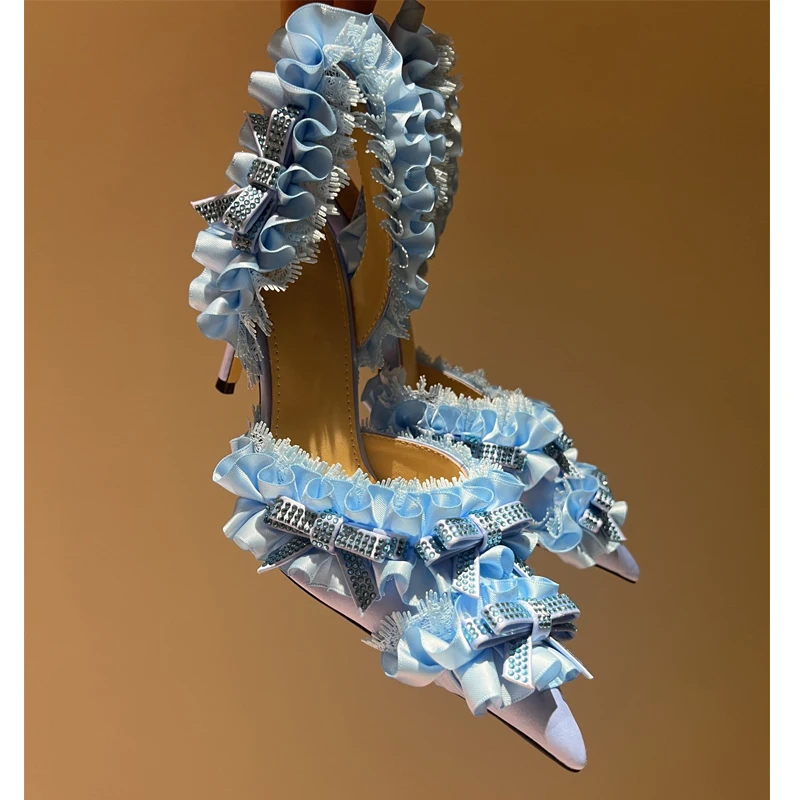 Rhinestone Bow Lace Slingback Stiletto Sandals Woman Summer Pointed Closed Toe Lolita Style High Heels Shoes for Women