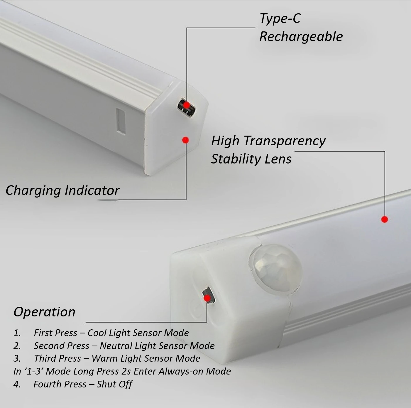 3Colors in 1Intelligent Motion Sensor LED Wireless Under Cabinet Corner Lights Type-C Rechargeable for Kitchen Gradevin Stairs