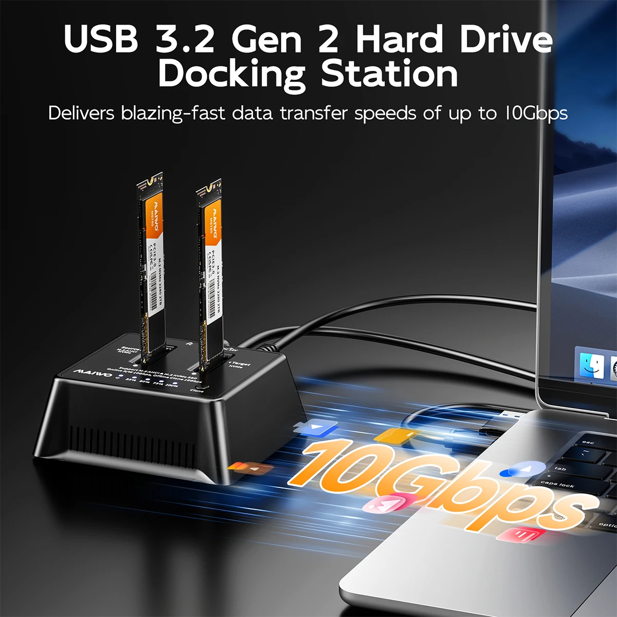 MAIWO SSD 케이스 듀얼 베이 M.2 NVMe 인클로저 10Gbps USB3.2 Gen2 SSD 어댑터 (오프라인 복제 기능 포함) 맥북, 아이패드, PC용 8TB 용량