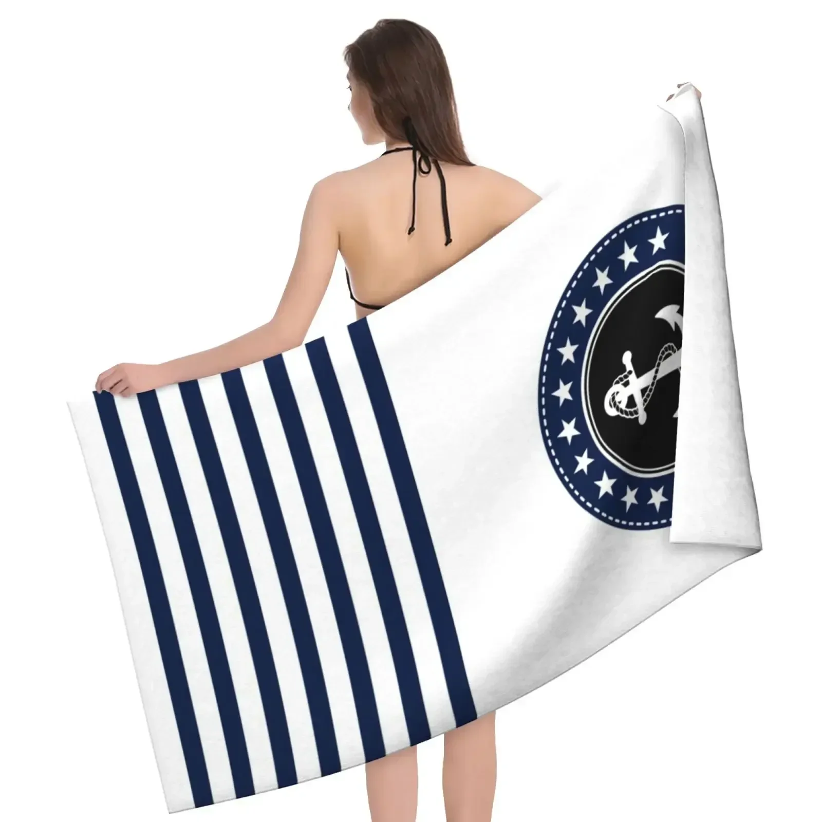 White Dark Blue Bath Towel Boat Decorative Anchor Beach Towel Bathroom Microfiber Large Customizable