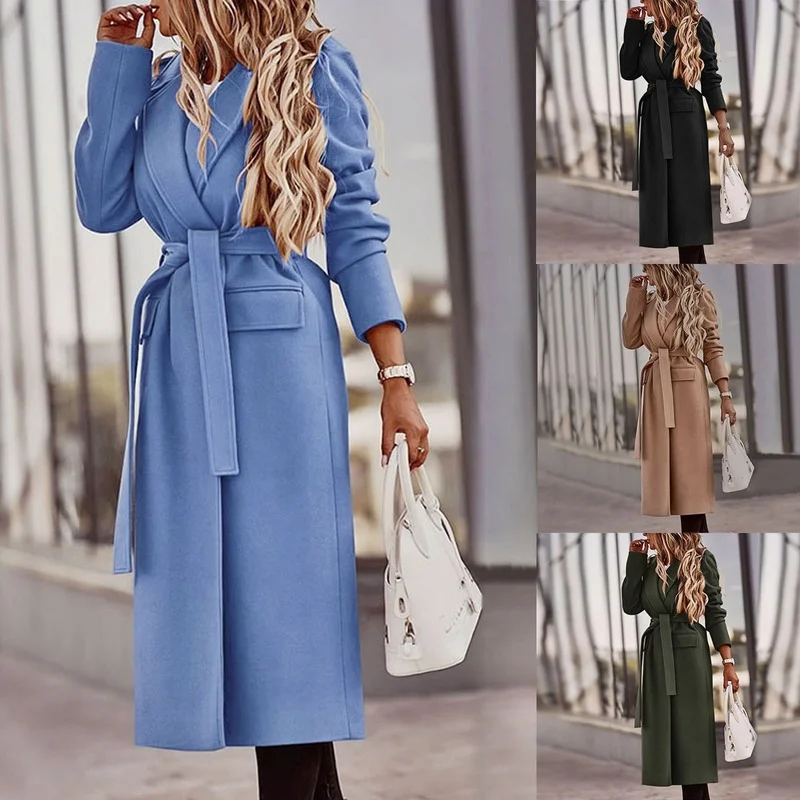  Loose Lapel Cardigan Long Sleeve Mid-length Jacket Streetwear Women's Solid Color Casual Lace Up Slim Woolen Coat Jackets
