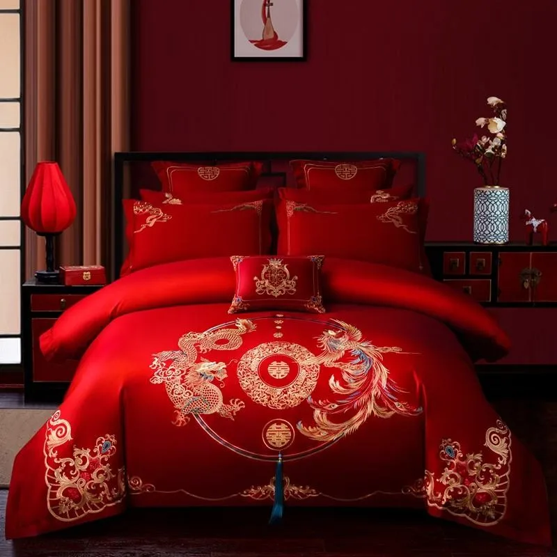 

Luxury Dragon and Phoenix Gold Embroidery 100%Cotton Wedding Red Bedding Set Double Happiness Duvet cover Bed Sheet Pillowcases