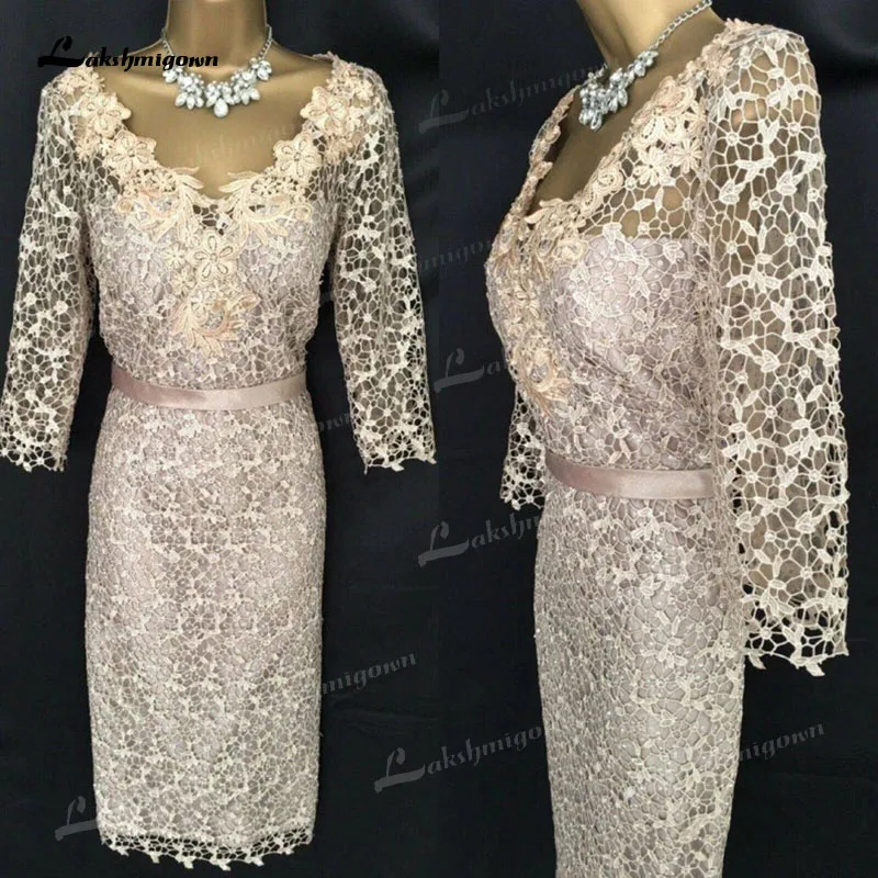 

Avondjurken Modest Mother of the Bride Dress Lace Appliques V Neck Open Back Three Quarter Evening Dinner Gown with Sleeve 2022