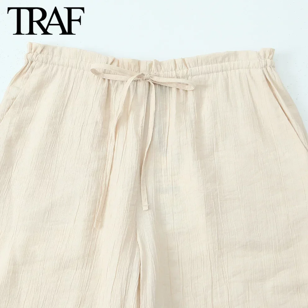 TRAF Women Fashion Spring Summer New Black Lace-up Textured Pants Chic Female Elastic Waist Wide Legs Trousers Mujer
