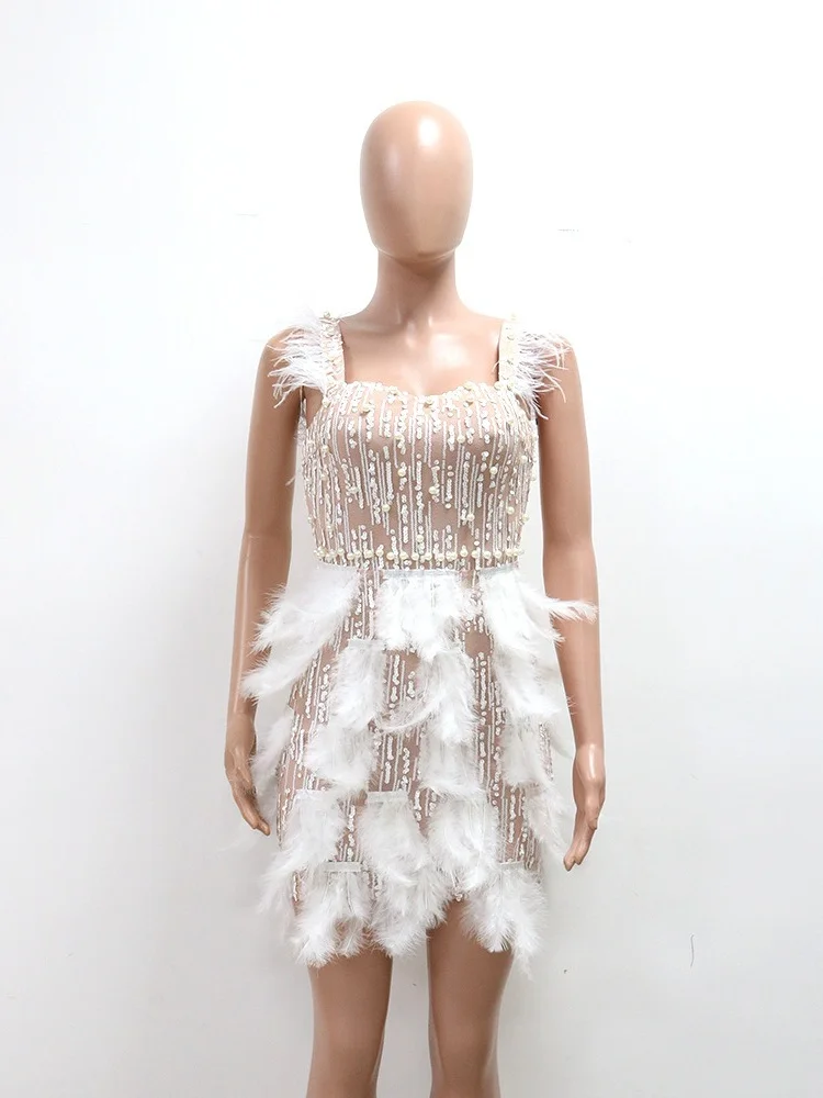 Wmstar Women Dresses New Nail Bead Feather V-neck Waist Cinched Short Luxurious Haute Couture Party Dress Wholesale Dropshipping