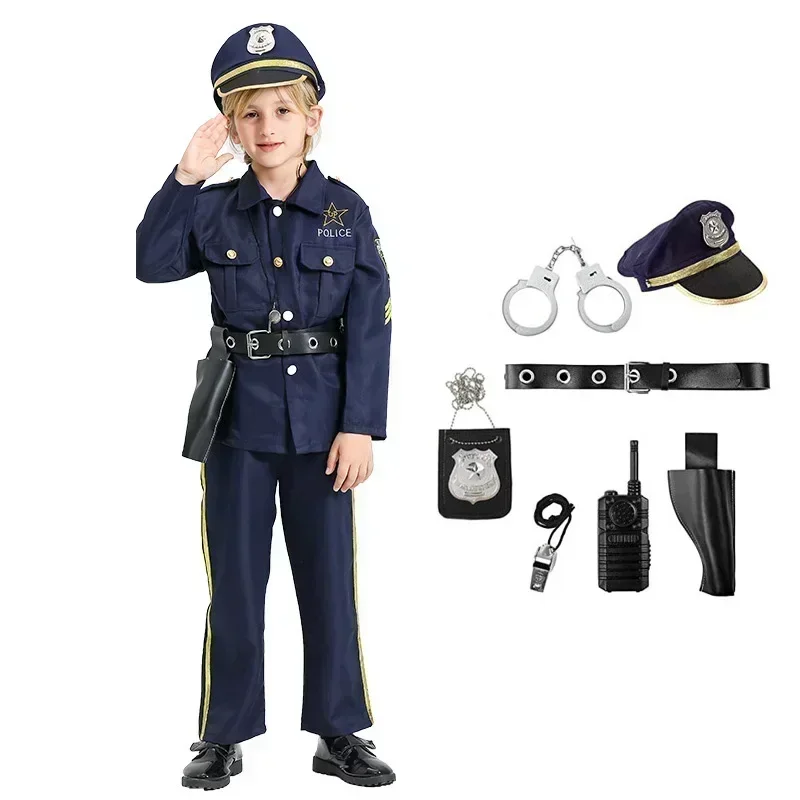 Police Officer Halloween Costume for Kids Boys America Police Set Shirt Pants Hat Belt Whistle Gun Holster Walkie Talkie Cop Set