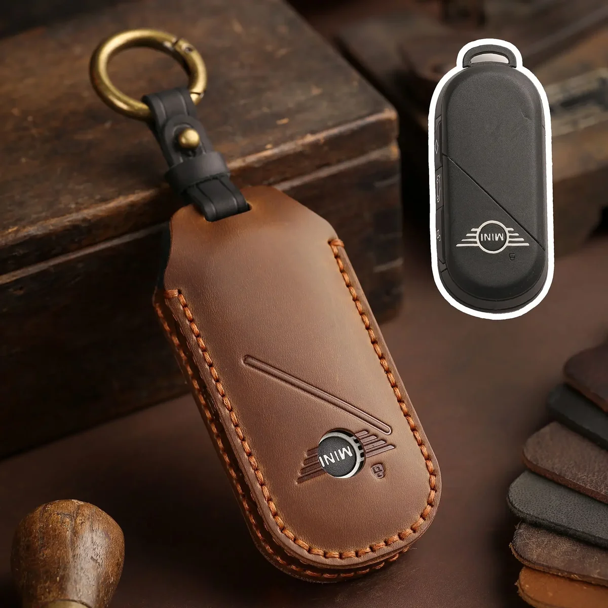 Leather Car Fob Key Case Cover Protector for Bmw Mini Countryman Cooper One 2023 2024 Remote Accessories Holder Shell Keychain — view 4