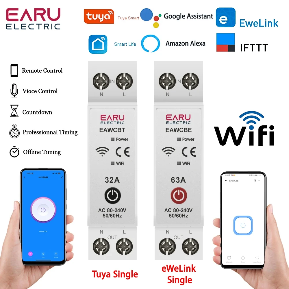 Tuya eWeLink App WiFi Smart Circuit Breaker MCB Time Relay 1P+N 63A Voice Remote