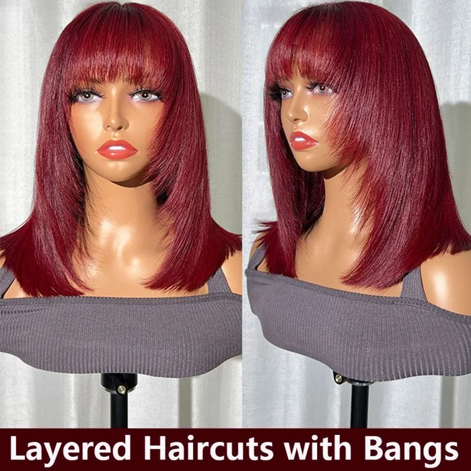 99J Red Straight Wig With Bangs  Glueless preplucked human wigs ready to go wigs for Women Burgundy Full Machine Made Fringe Wig