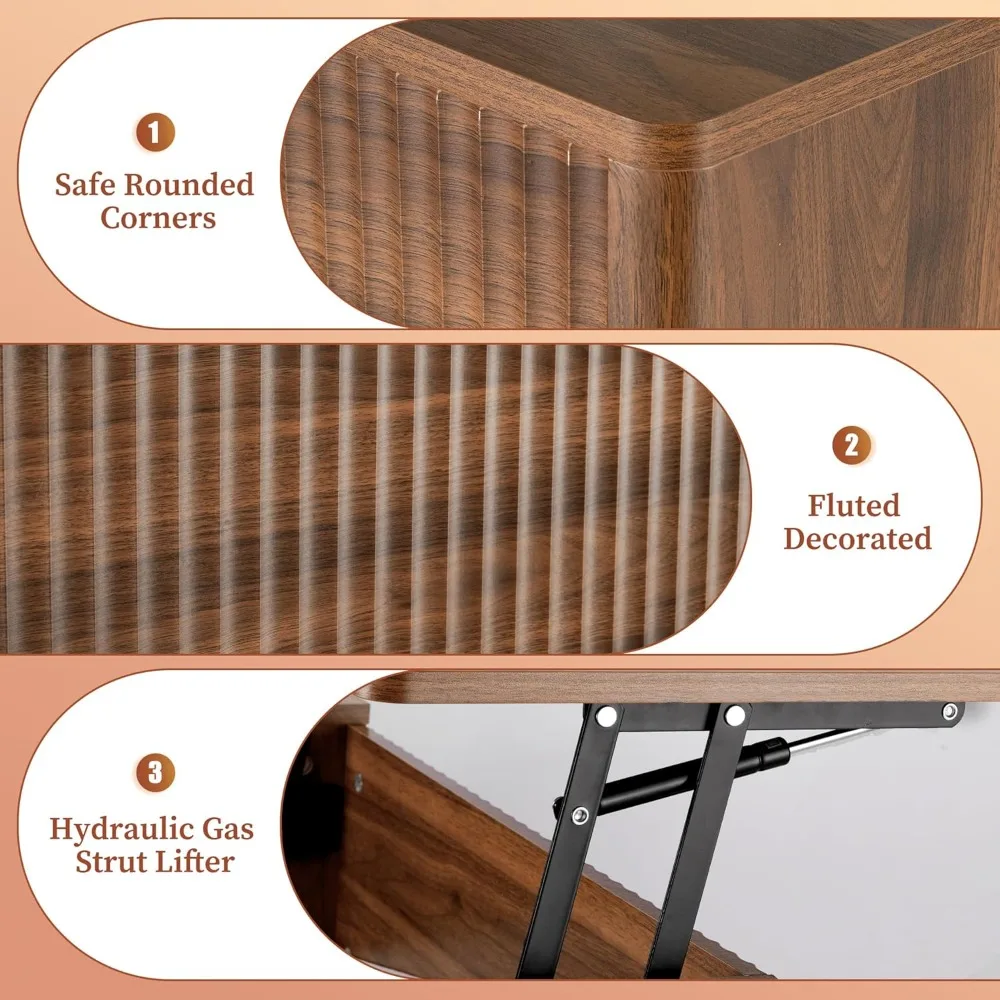 Modern Lift Top Coffee Table with Storage, Fluted Design for Living Room Home Office