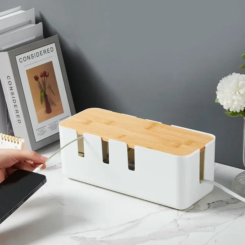 Desktop Cable Storage Box Seven-hole Bamboo Wood Power Line Wire Management Organizer Charger Socket Network Line Storage Bin 6