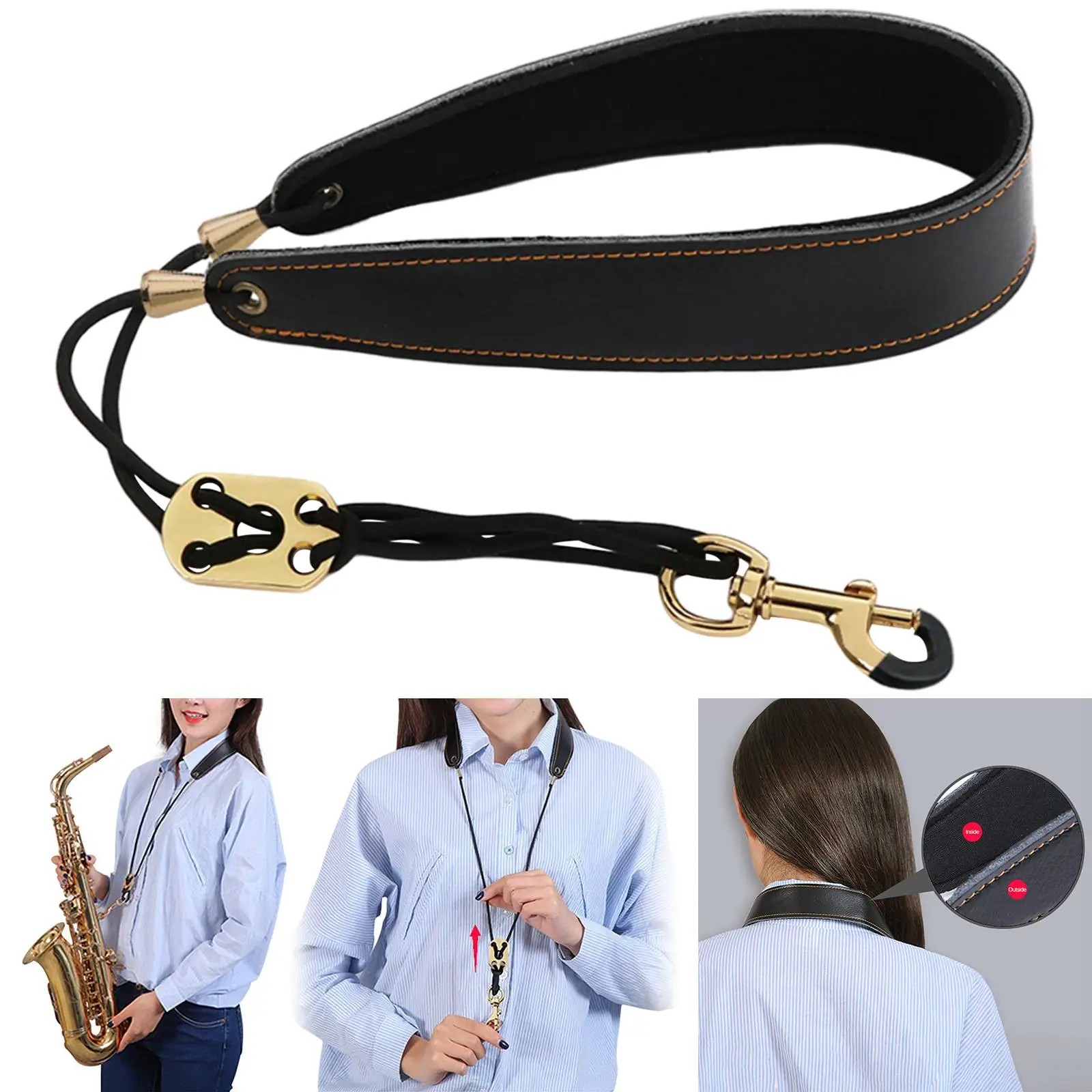 Leather Saxophone Neck Strap Music Instrument Adjustable Length Metal Hook Leather Padded for Tenor Saxophone Alto