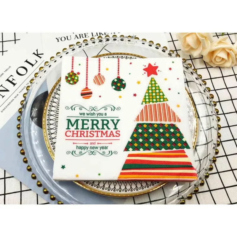 

Новинка, Рождественская елка, красочные печатные салфетки, квадратные бумажные салфетки, складные салфетки для лица для ресторана, кафе, 2 слоя, 33*33 см, пищевой класс