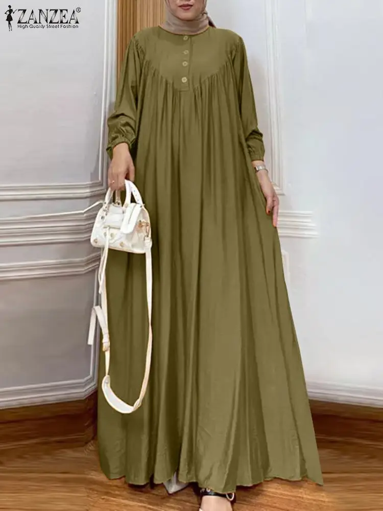 ZANZEA Vintage Solid Color Muslim Dress Woman Vintage Turkey Robe Long Sleeve O Neck Sundress Casual Party Islamic Clothing 2023