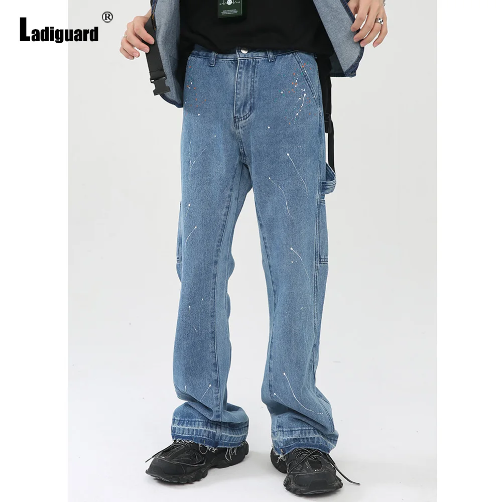 

Ladiguard 2023 Korean Fashion Hip Hop Jeans Demin Pants Vintage Stand Pocket Trouser Mens Boot Cut Print Jean Bottom Hommes