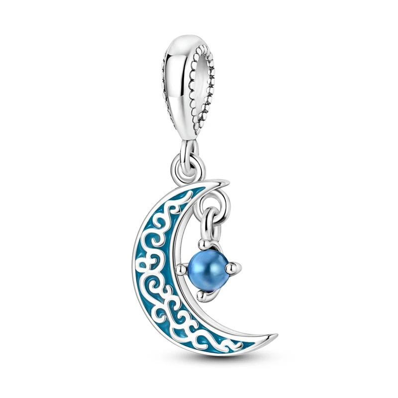 

Classic 925 Sterling Silver Blue Moon&Glow In The Dar Stone Fit Pandora Bracelet Women's Exquisite Moon Watching Jewelry