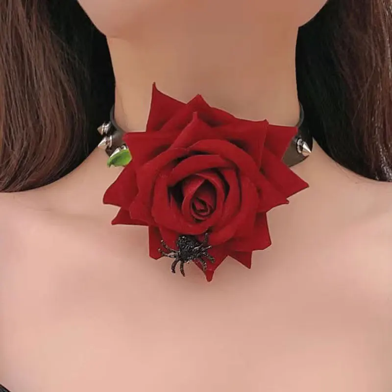 

Gothic Punk Dark Style Red Rose Women's Necklace PU Leather Studded Rivets Adjustable Fashion Collar For Women Fashion Jewelry