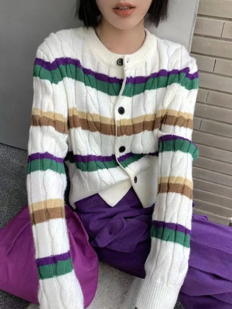 

Harajuku Contrast Cardigan Striped Knitted Sweaters Autumn Fashion Women Sweater Coats Y2k Aesthetic All Match O Neck Cardigans