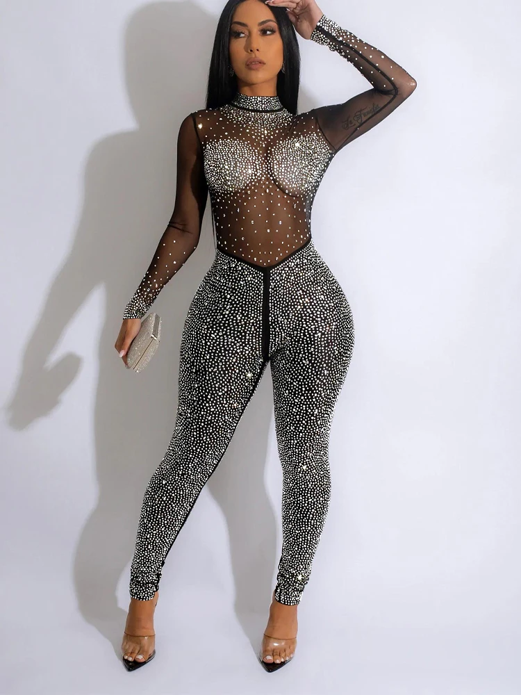 Fashion Solid Color Long Sleeves Jumpsuit Women Sexy Mesh Hot Diamond Tight Fitting Clothes Black Elegant Female Long Jumpsuit blue mesh transparent sexy jumpsuit 2022 winter fashion elegant long sleeved womens tight nightclub clothing   slim trousers