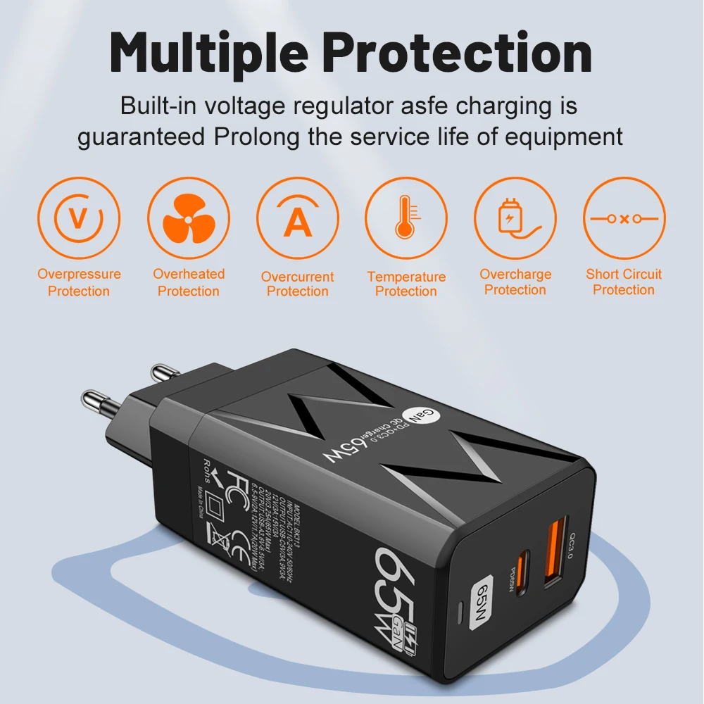 65W GaN 충전기 PD QC3.0 고속 충전 어댑터 노트북 아이폰 삼성 화웨이 EU/US/KR 플러그용 듀얼 포트 USB C 벽면 충전기