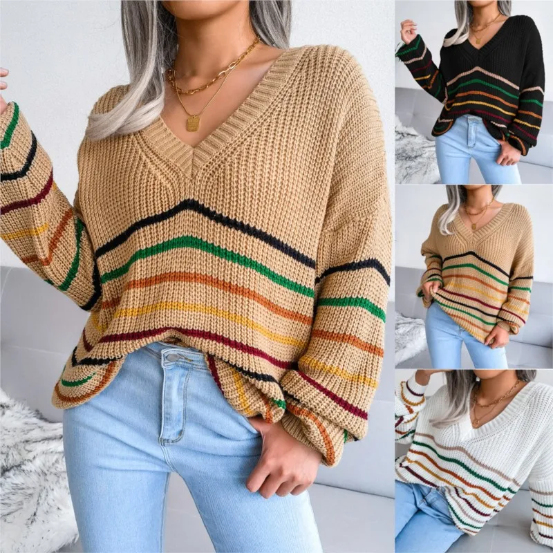 

Striped Mujer Casual Loose V-neck Long Sleeve Knitwear Elegant Fashion Pullover Sweaters For Women Tops Y2k Roupas Femininas