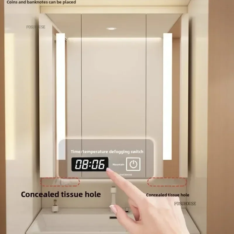ตู้กระจกห้องน้ําอัจฉริยะแบบเต็มความยาวที่กําหนดเองพร้อมกระจกเก็บห้องน้ําแบบเบา รูกระดาษกระจกไล่ฝ้าอัจฉริยะ 1