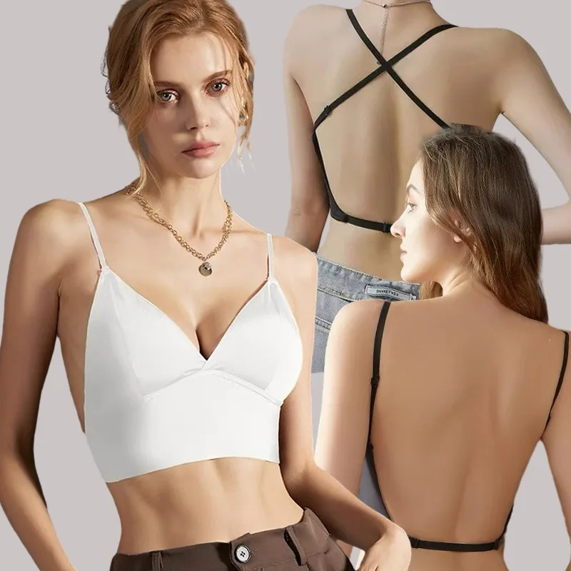 Deep U Shape Bras Breast Gathered Thin Shoulder Strap Invisible Bralette Backless Soft Steel Rings Anti-sagging Women Underwear 2