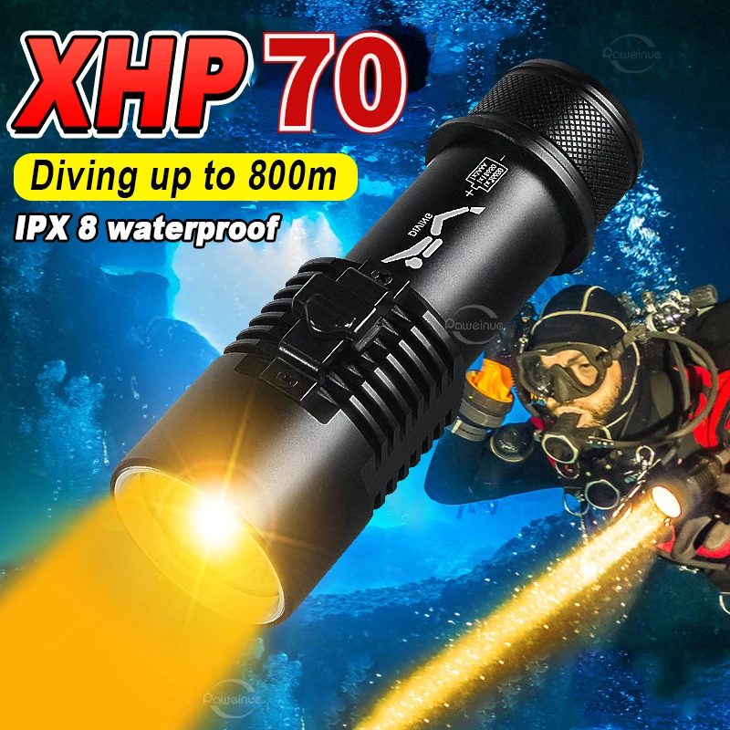 

XHP70 Most Powerful LED Scuba Diving Flashlight IPX8 Waterproof Dive Lamp Using 26650 Battery with Hand Rope