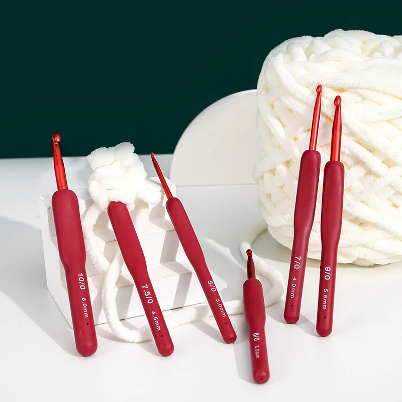 Premium Aluminum Crochet Hooks with Soft Red Rubber-Grip Handles for Knitting and Braiding