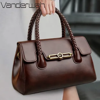 Woven Handle High Quality Leather Women Top-handle Shoulder Bags Retro Casual Totes Latest Trendy Lock Designer Handbag Small 1