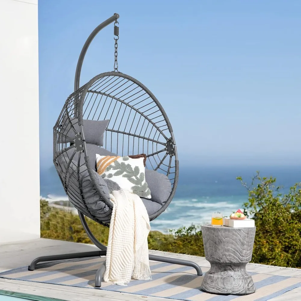 Indoor Outdoor Egg Swing Chair with Stand, Oversized Cocoon-Shaped Rope Woven Hanging Chair W/Cushion, Safety Strap 2