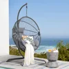 Indoor Outdoor Egg Swing Chair with Stand, Oversized Cocoon-Shaped Rope Woven Hanging Chair W/Cushion, Safety Strap 2